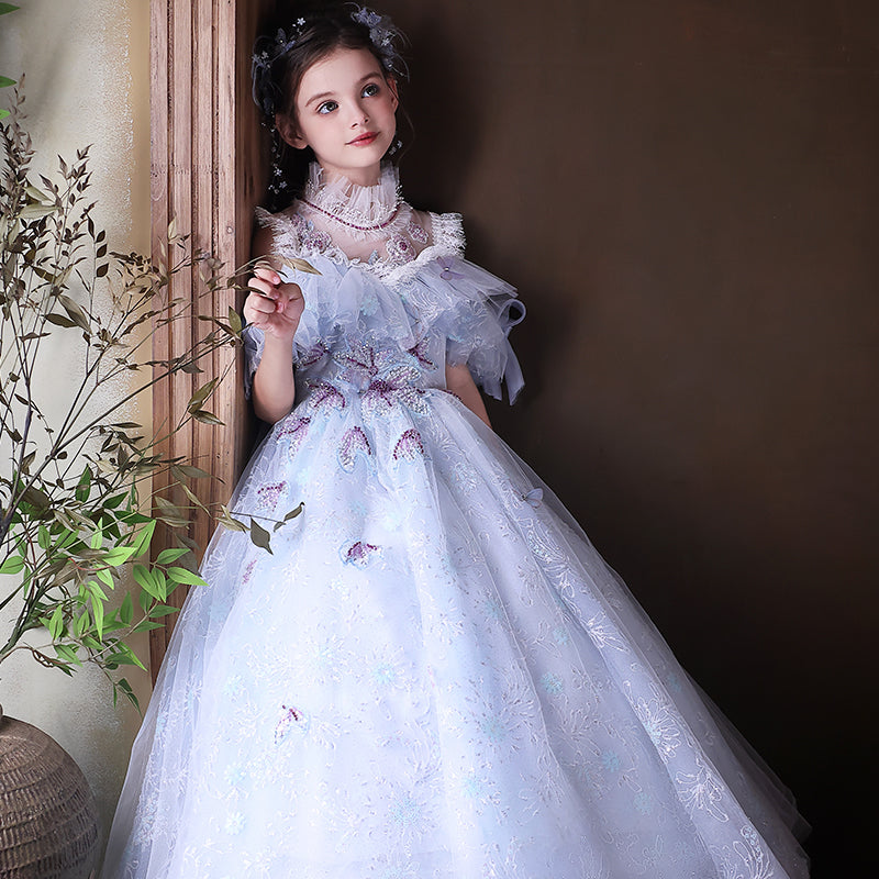 Luxury Blue Princess Pageant Dress with Off Shoulder Design J338