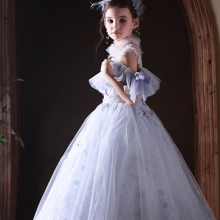 Luxury Blue Princess Pageant Dress with Off Shoulder Design J338