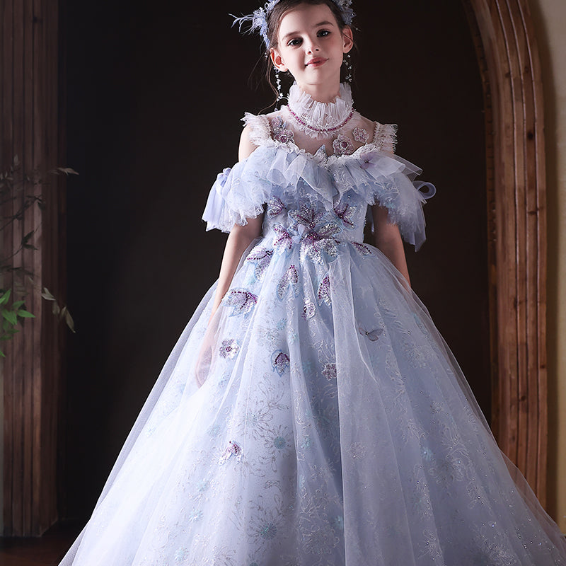 Luxury Blue Princess Pageant Dress with Off Shoulder Design J338