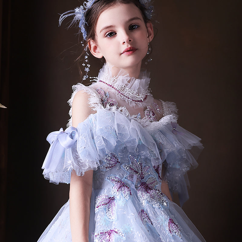 Luxury Blue Princess Pageant Dress with Off Shoulder Design J338
