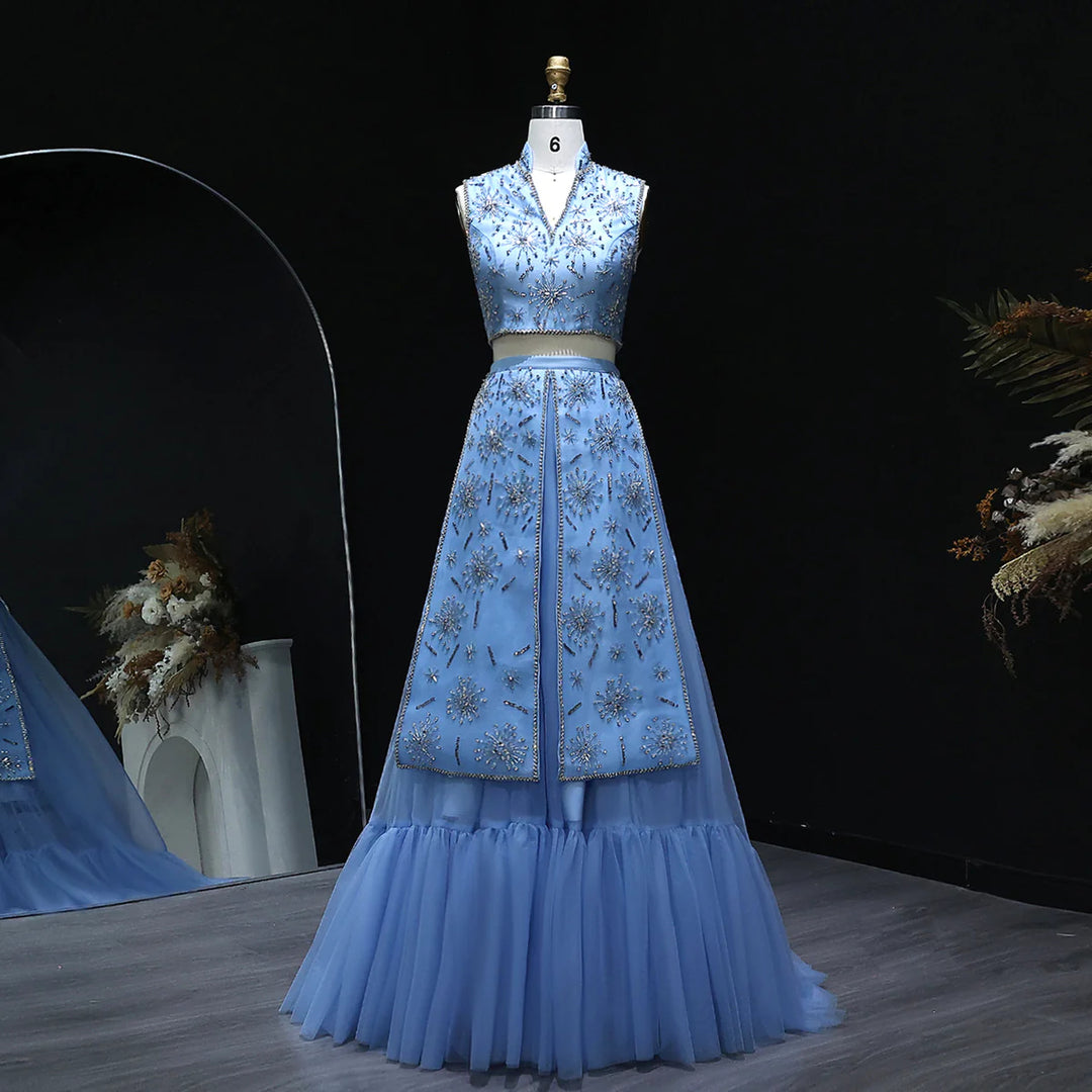 Elegant Blue Two-Piece Beaded Evening Gown with Ruffle Skirt SS597