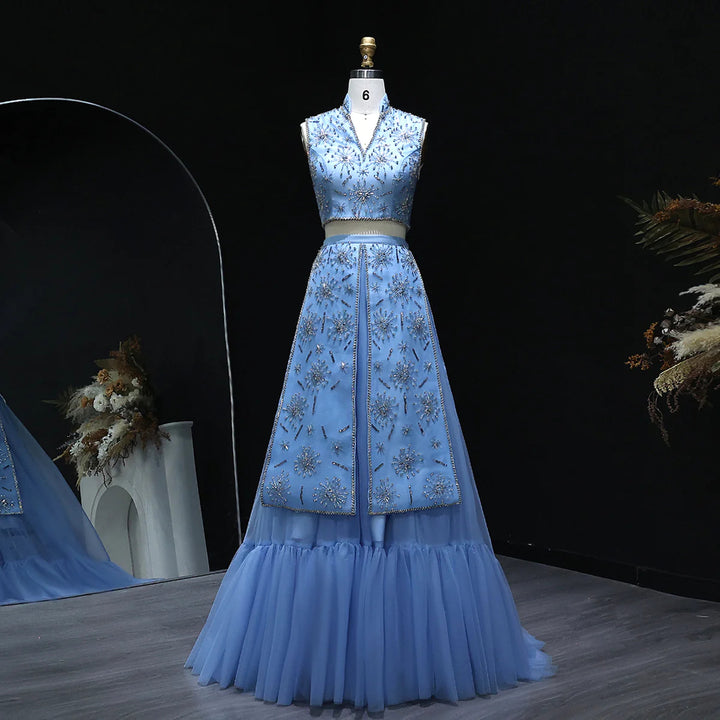Elegant Blue Two-Piece Beaded Evening Gown with Ruffle Skirt SS597