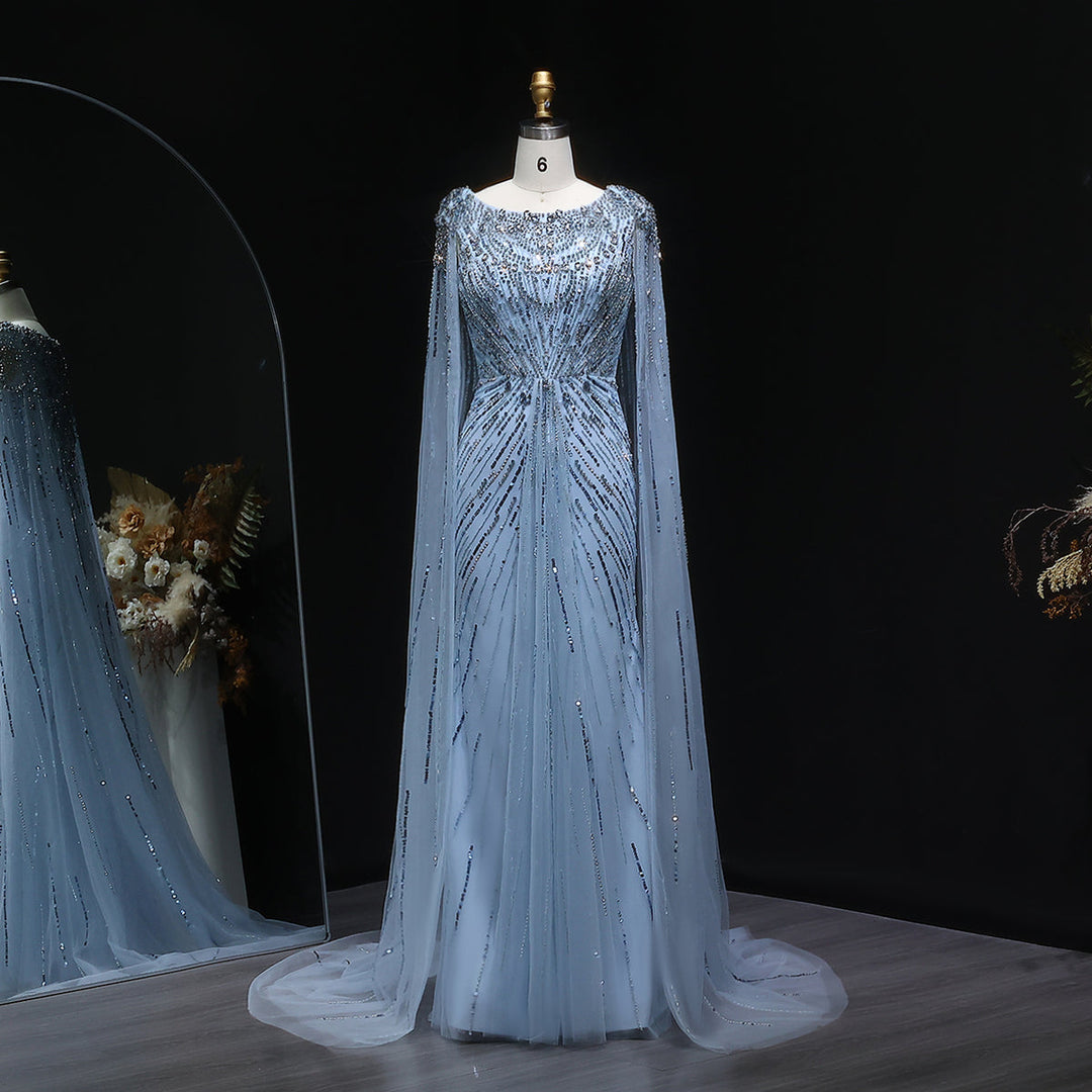 Elegant Lilac Crystal Evening Gown with Flowing Cape Sleeves SS549