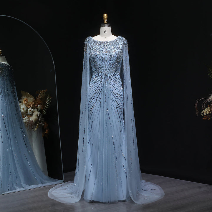 Elegant Lilac Crystal Evening Gown with Flowing Cape Sleeves SS549