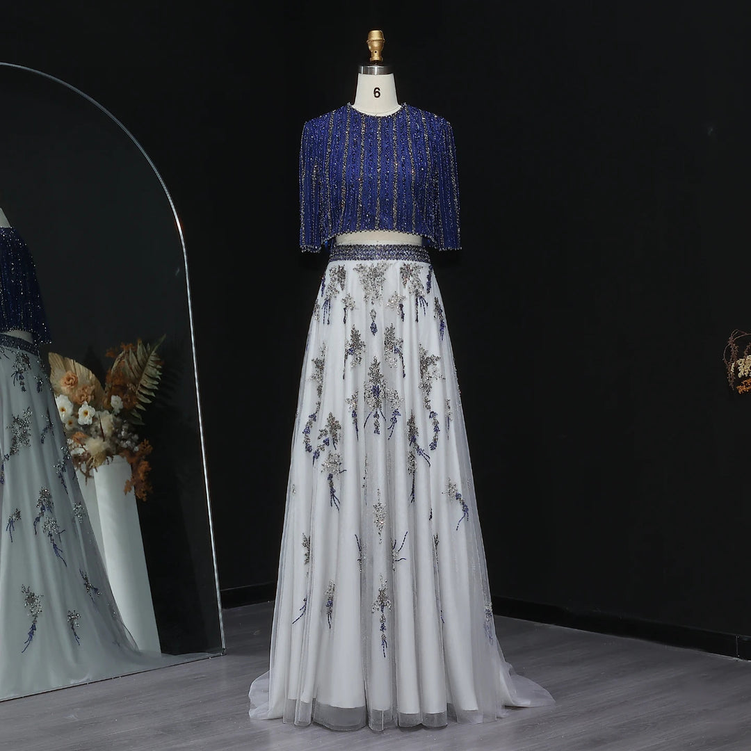 Luxury Dubai Blue Yellow 2 Pieces Evening Dresses SS490