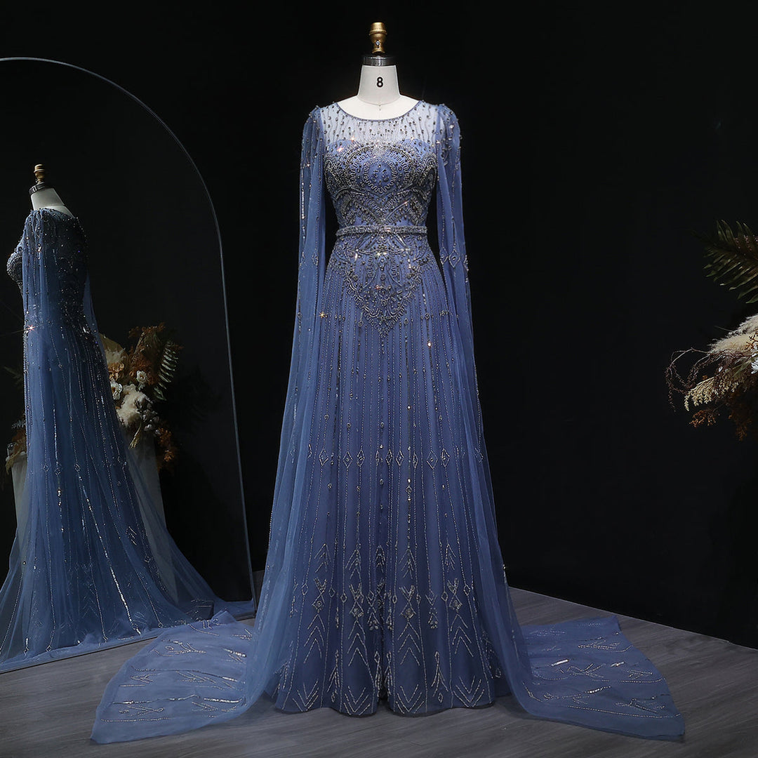 Luxury Sparkling Blue Evening Dress with Beaded Details and Cape Sleeves SS236
