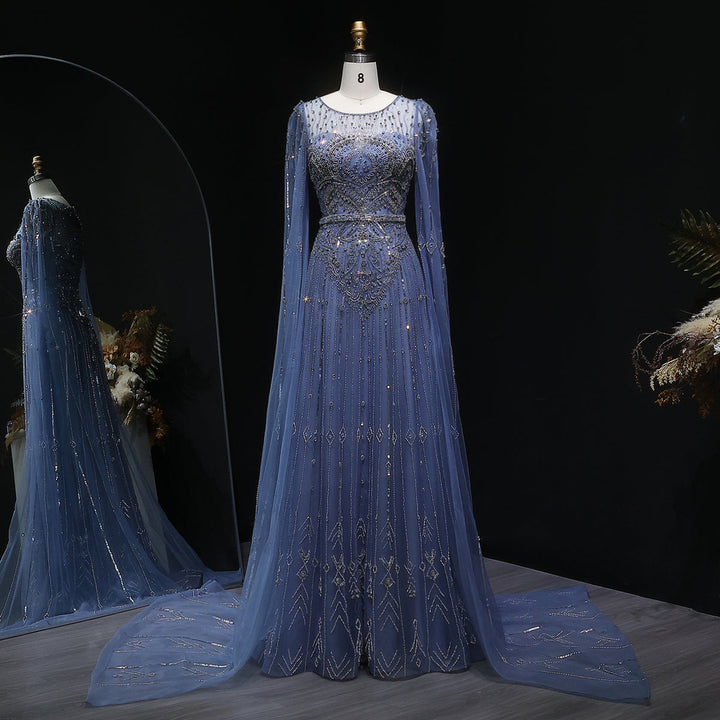 Luxury Sparkling Blue Evening Dress with Beaded Details and Cape Sleeves SS236