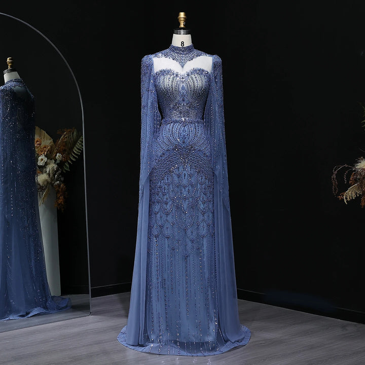 Blue Arabic Style Beaded Evening Dress with High Neck SS079