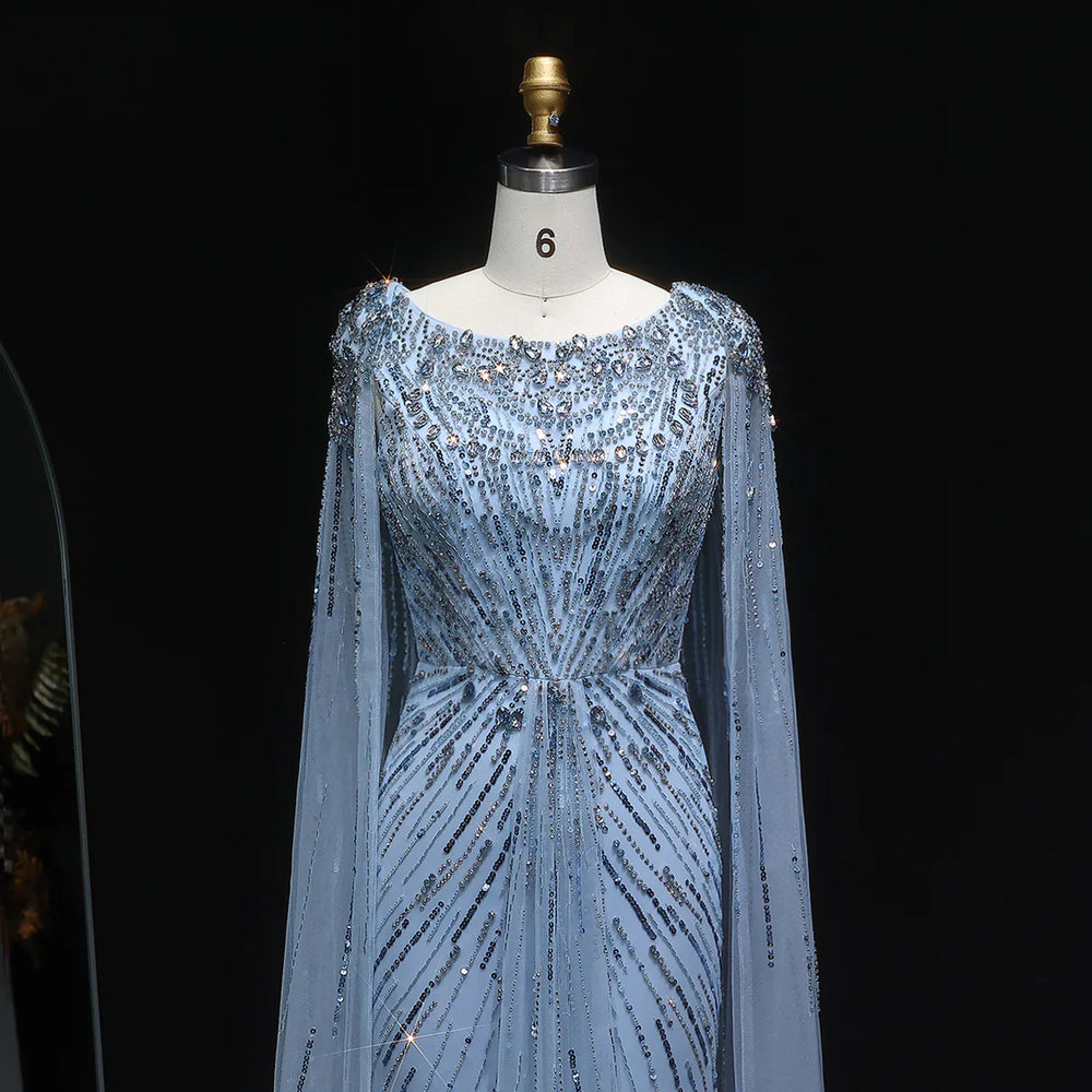 Elegant Lilac Crystal Evening Gown with Flowing Cape Sleeves SS549