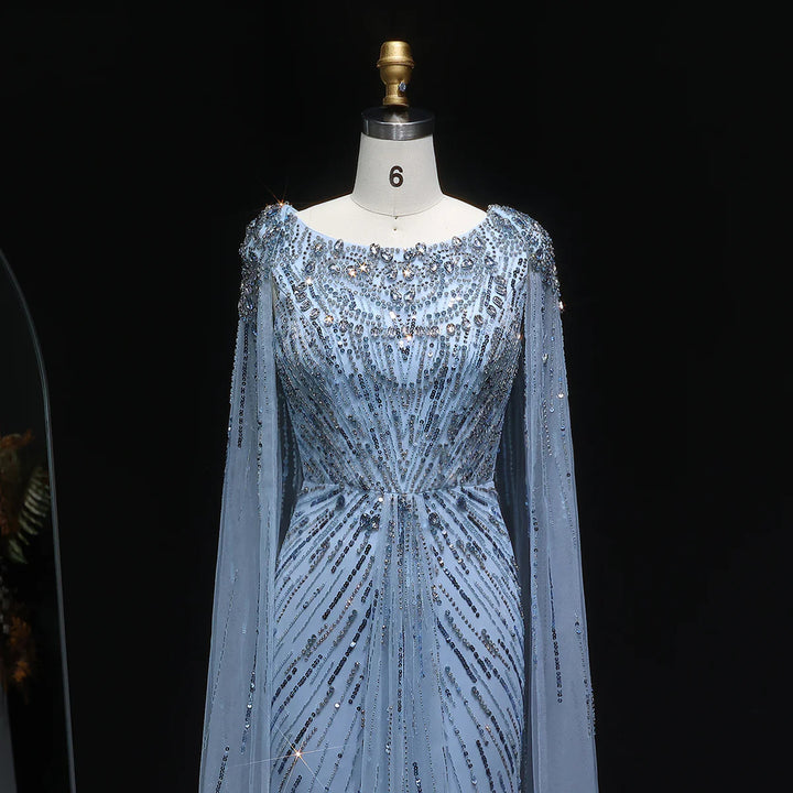 Elegant Lilac Crystal Evening Gown with Flowing Cape Sleeves SS549