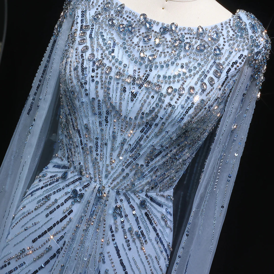 Elegant Lilac Crystal Evening Gown with Flowing Cape Sleeves SS549