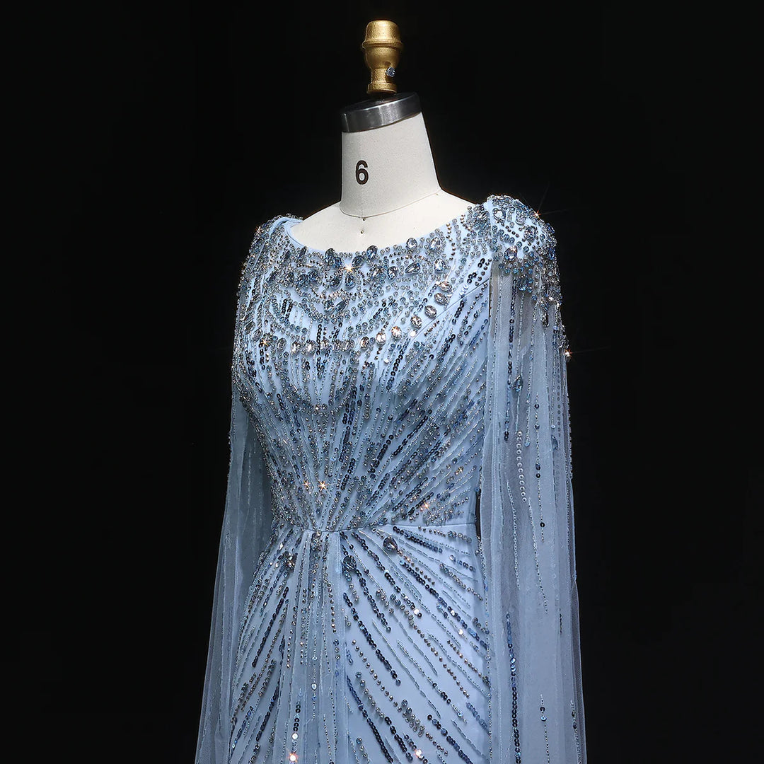 Elegant Lilac Crystal Evening Gown with Flowing Cape Sleeves SS549