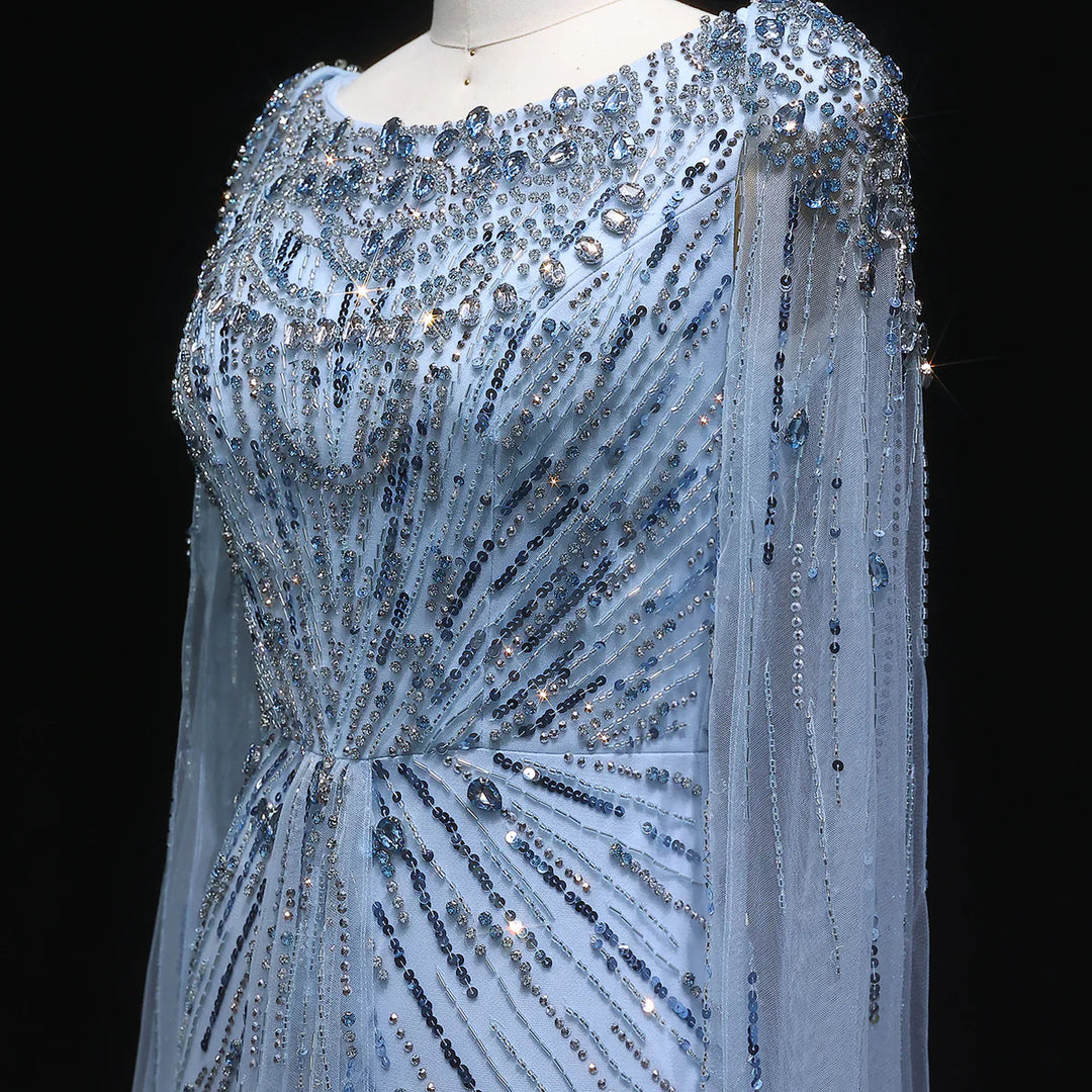 Elegant Lilac Crystal Evening Gown with Flowing Cape Sleeves SS549