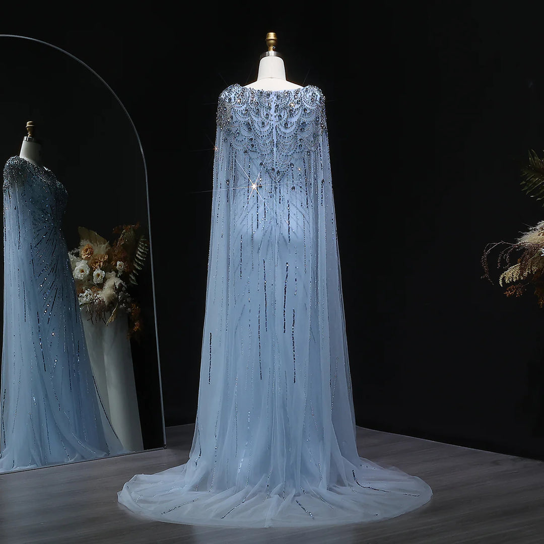 Elegant Lilac Crystal Evening Gown with Flowing Cape Sleeves SS549