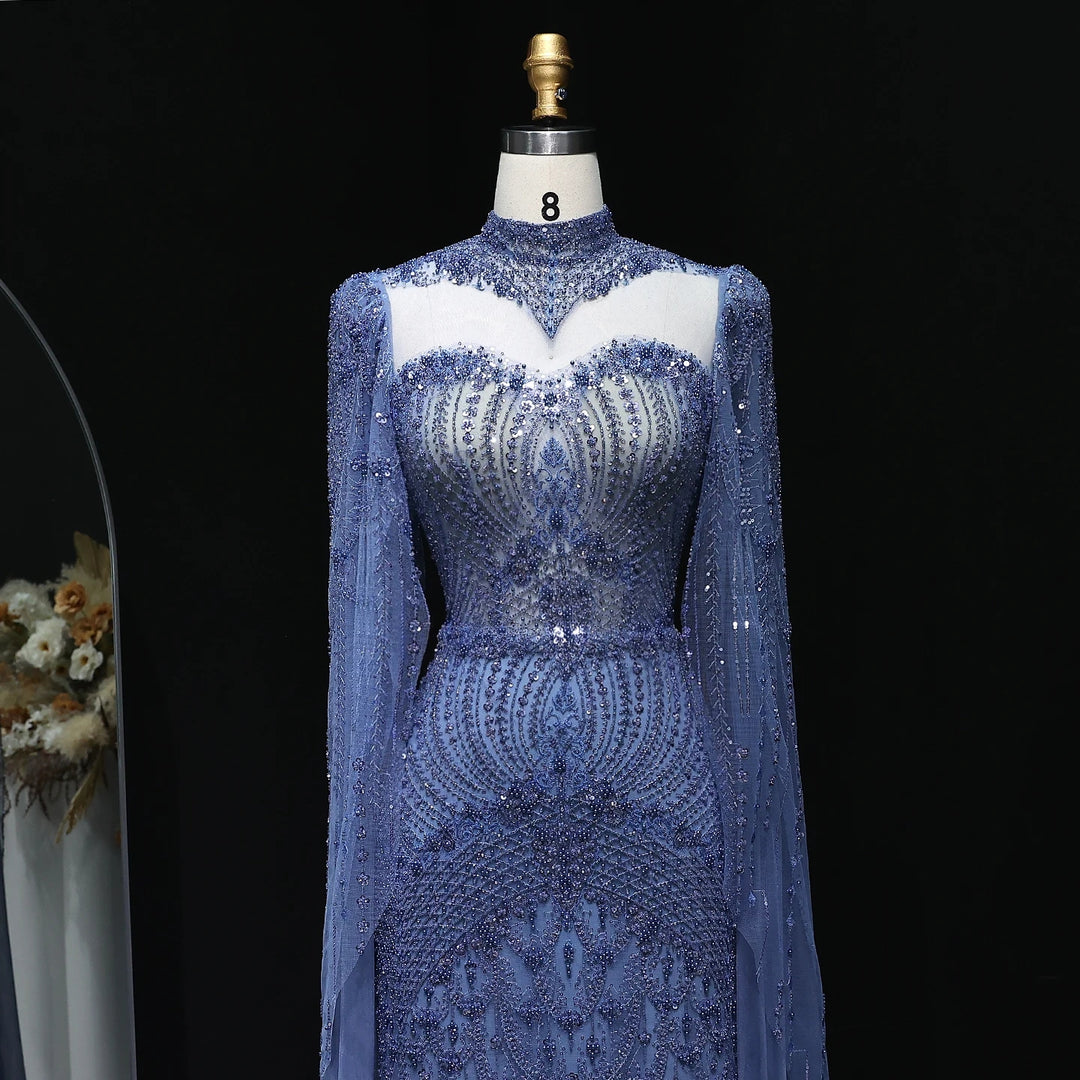 Blue Arabic Style Beaded Evening Dress with High Neck SS079