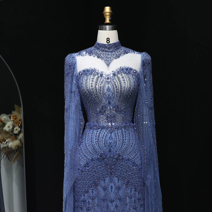 Blue Arabic Style Beaded Evening Dress with High Neck SS079
