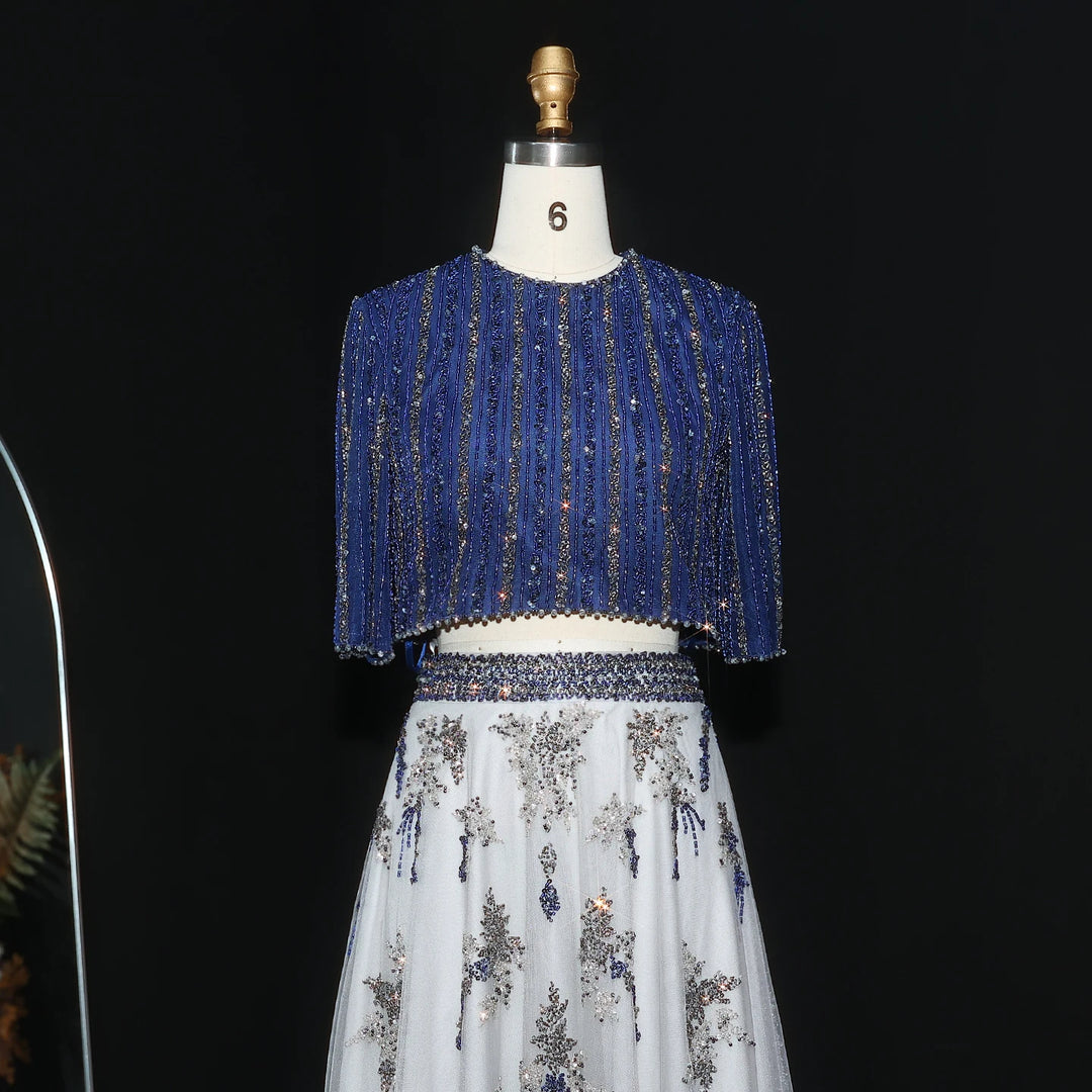 Luxury Dubai Blue Yellow 2 Pieces Evening Dresses SS490