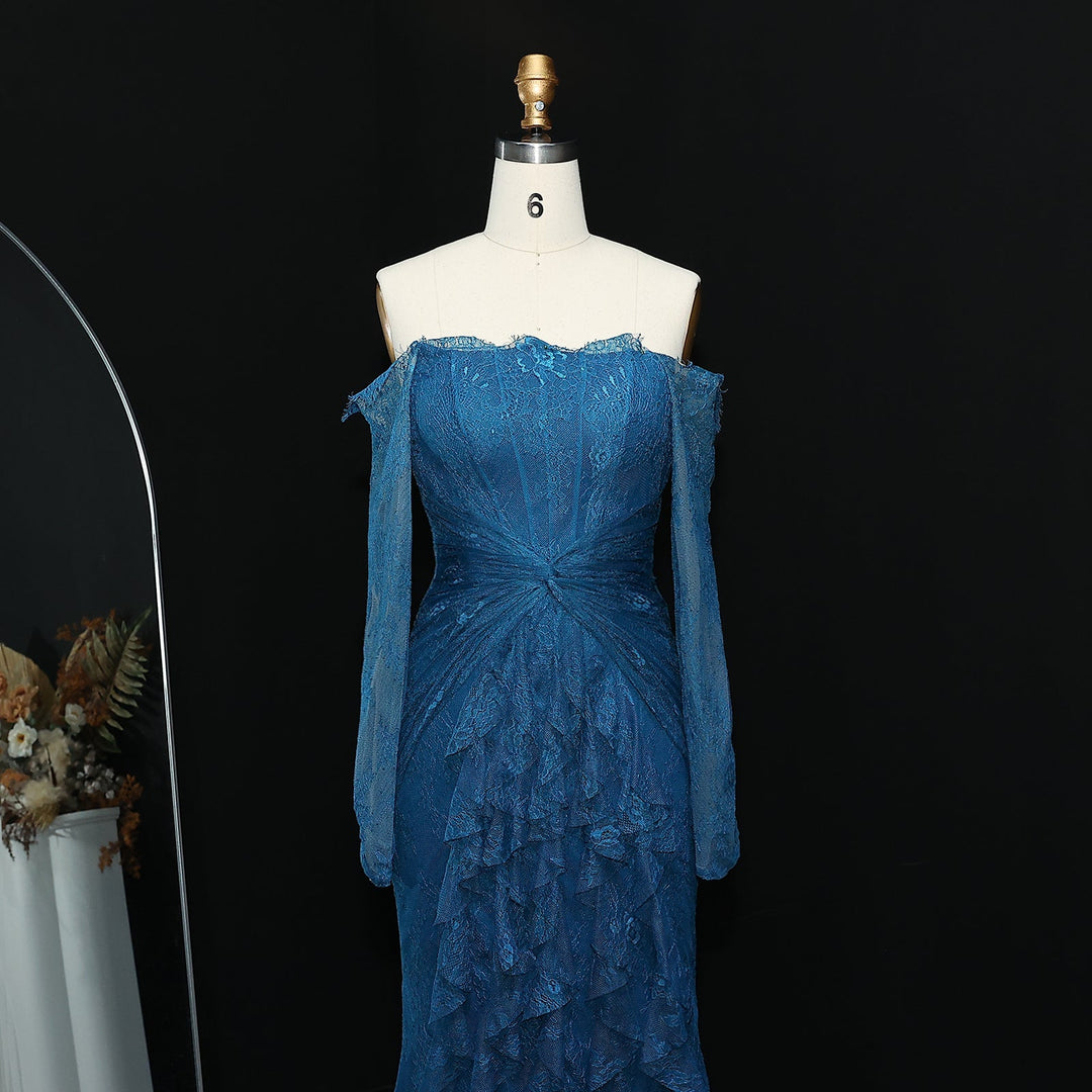 Elegant Blue Off Shoulder Lace Evening Dress SD519