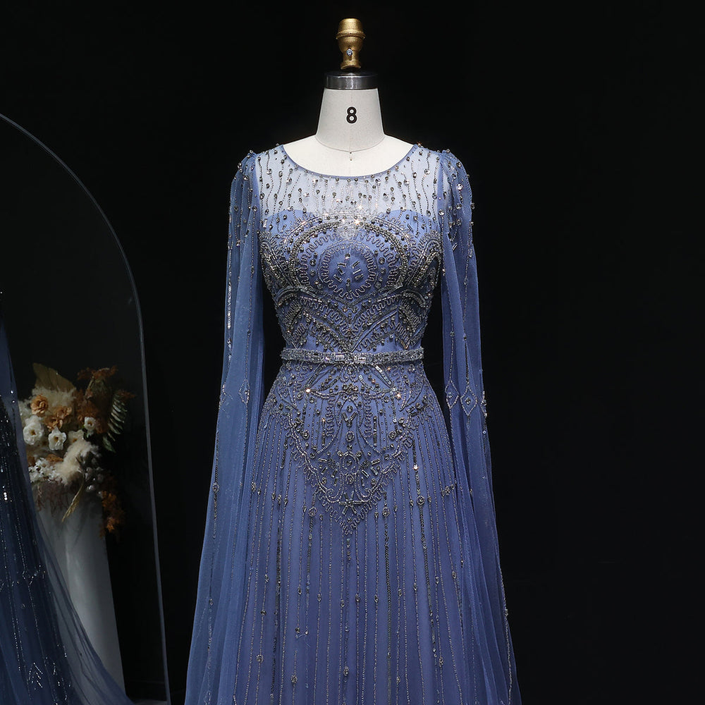 Luxury Sparkling Blue Evening Dress with Beaded Details and Cape Sleeves SS236
