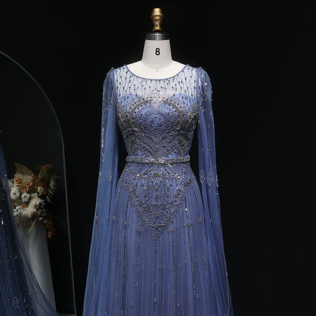 Luxury Sparkling Blue Evening Dress with Beaded Details and Cape Sleeves SS236