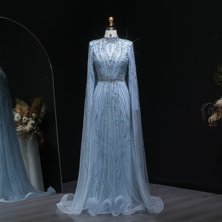 Luxury Champagne Long Sleeve High Neck Evening Dress with Cape SS366