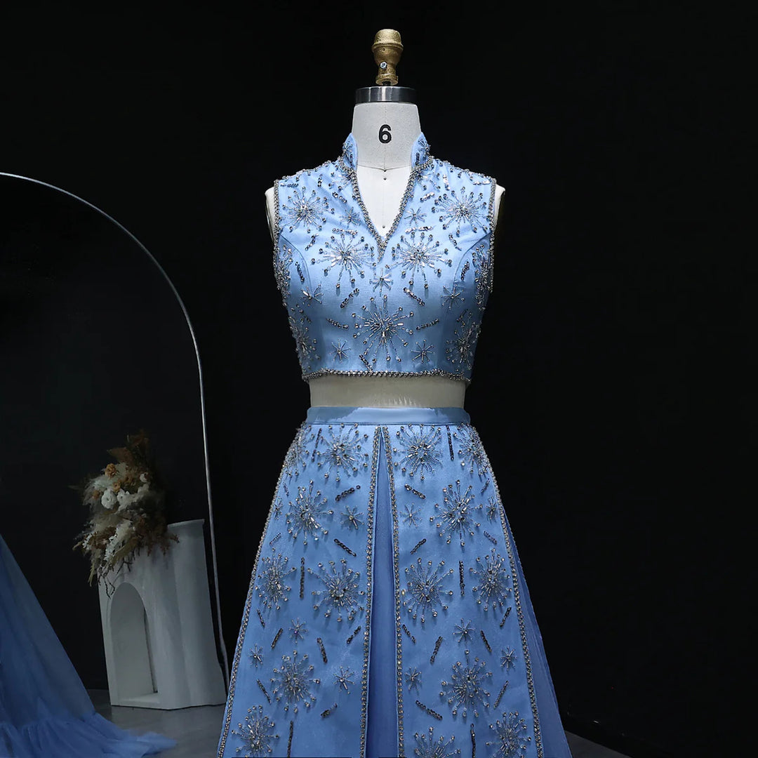 Elegant Blue Two-Piece Beaded Evening Gown with Ruffle Skirt SS597