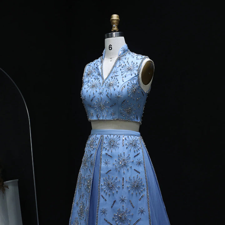 Elegant Blue Two-Piece Beaded Evening Gown with Ruffle Skirt SS597