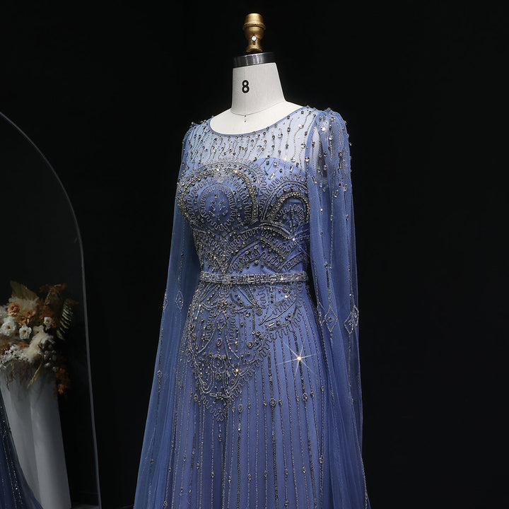 Luxury Sparkling Blue Evening Dress with Beaded Details and Cape Sleeves SS236