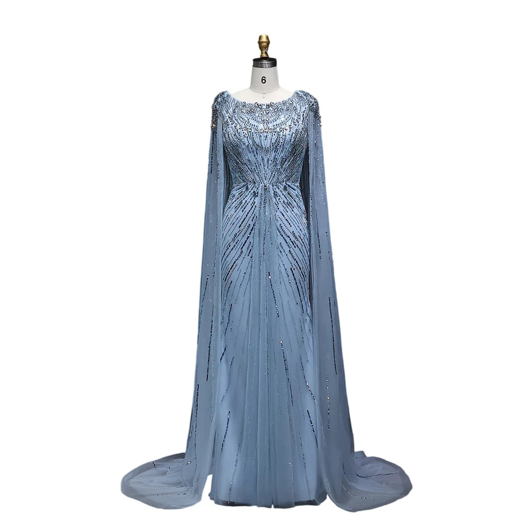 Elegant Lilac Crystal Evening Gown with Flowing Cape Sleeves SS549
