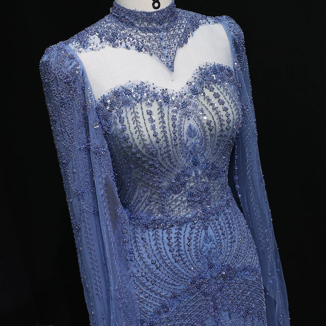 Blue Arabic Style Beaded Evening Dress with High Neck SS079