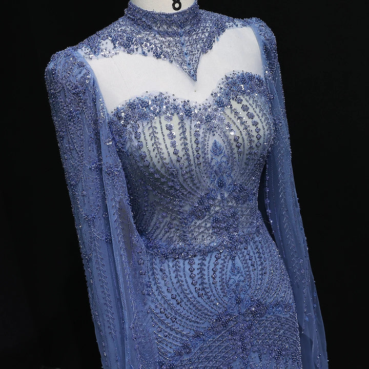 Blue Arabic Style Beaded Evening Dress with High Neck SS079