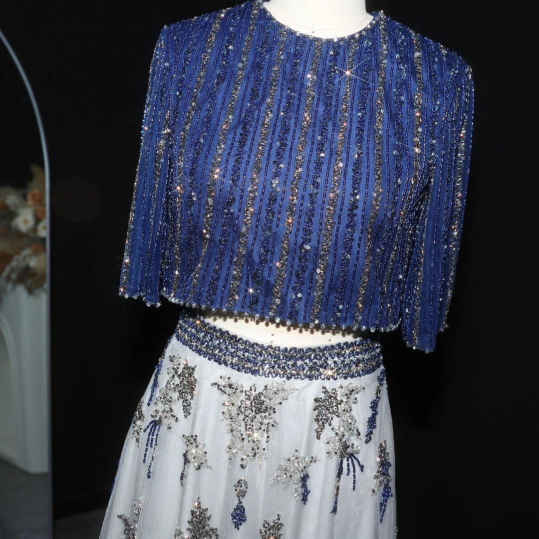 Luxury Dubai Blue Yellow 2 Pieces Evening Dresses SS490