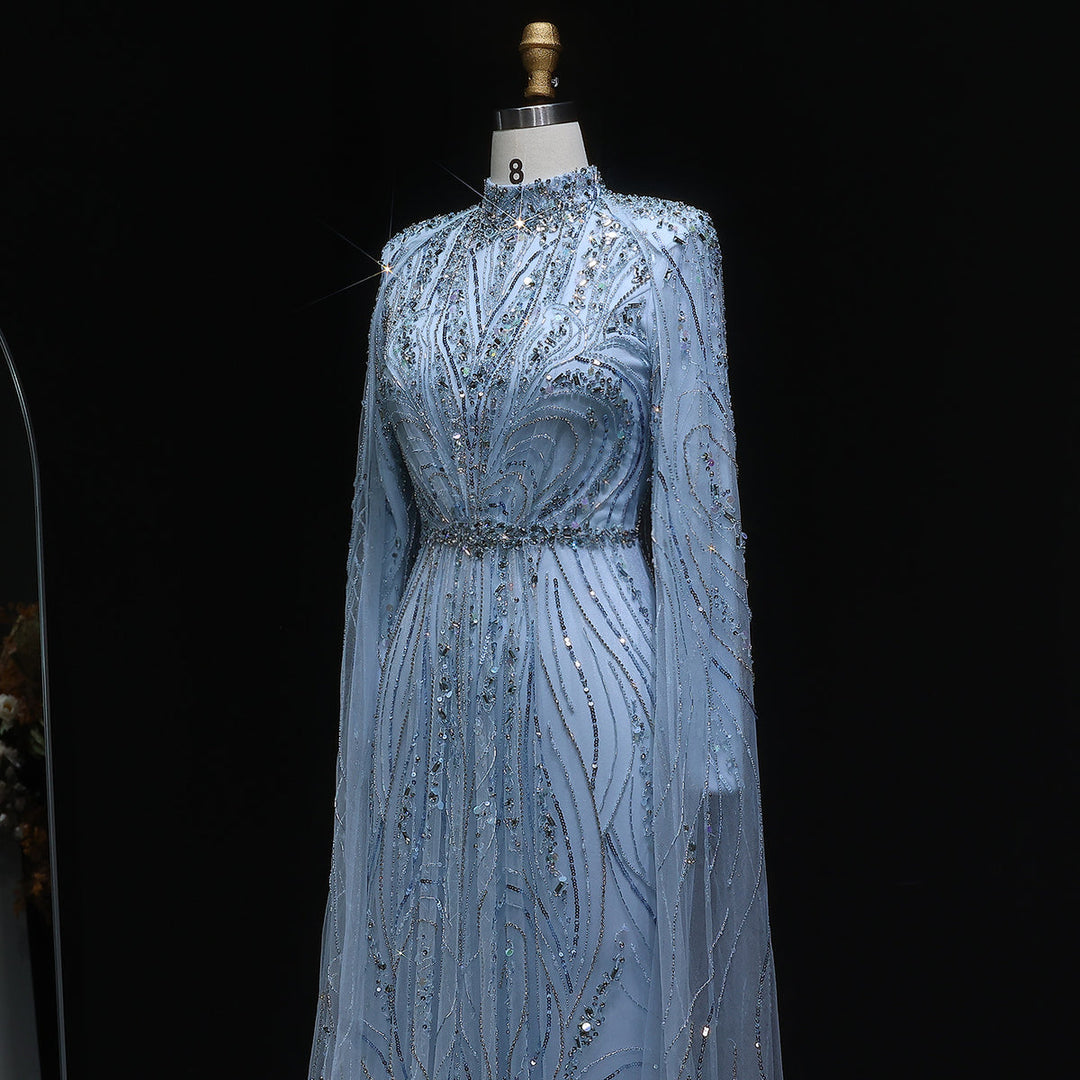 Luxury Champagne Long Sleeve High Neck Evening Dress with Cape SS366