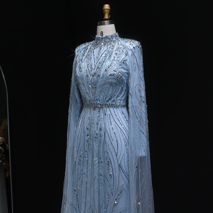 Luxury Champagne Long Sleeve High Neck Evening Dress with Cape SS366