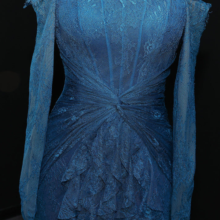 Elegant Blue Off Shoulder Lace Evening Dress SD519