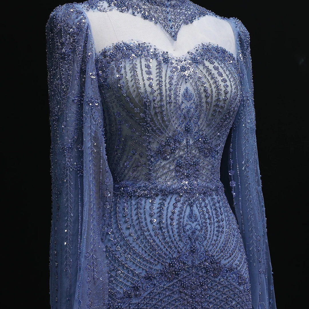 Blue Arabic Style Beaded Evening Dress with High Neck SS079