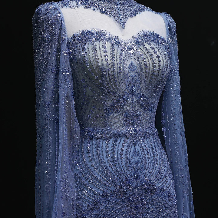 Blue Arabic Style Beaded Evening Dress with High Neck SS079