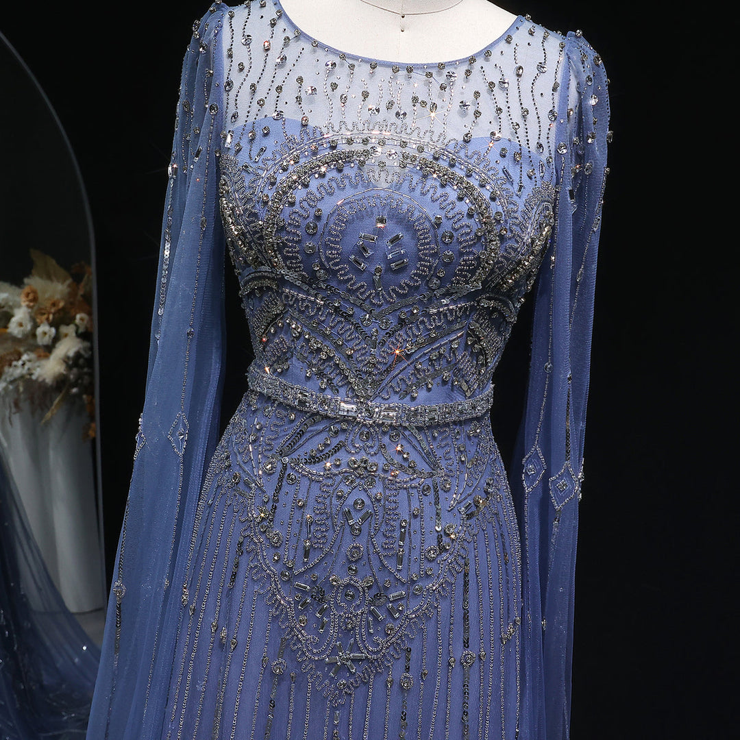 Luxury Sparkling Blue Evening Dress with Beaded Details and Cape Sleeves SS236