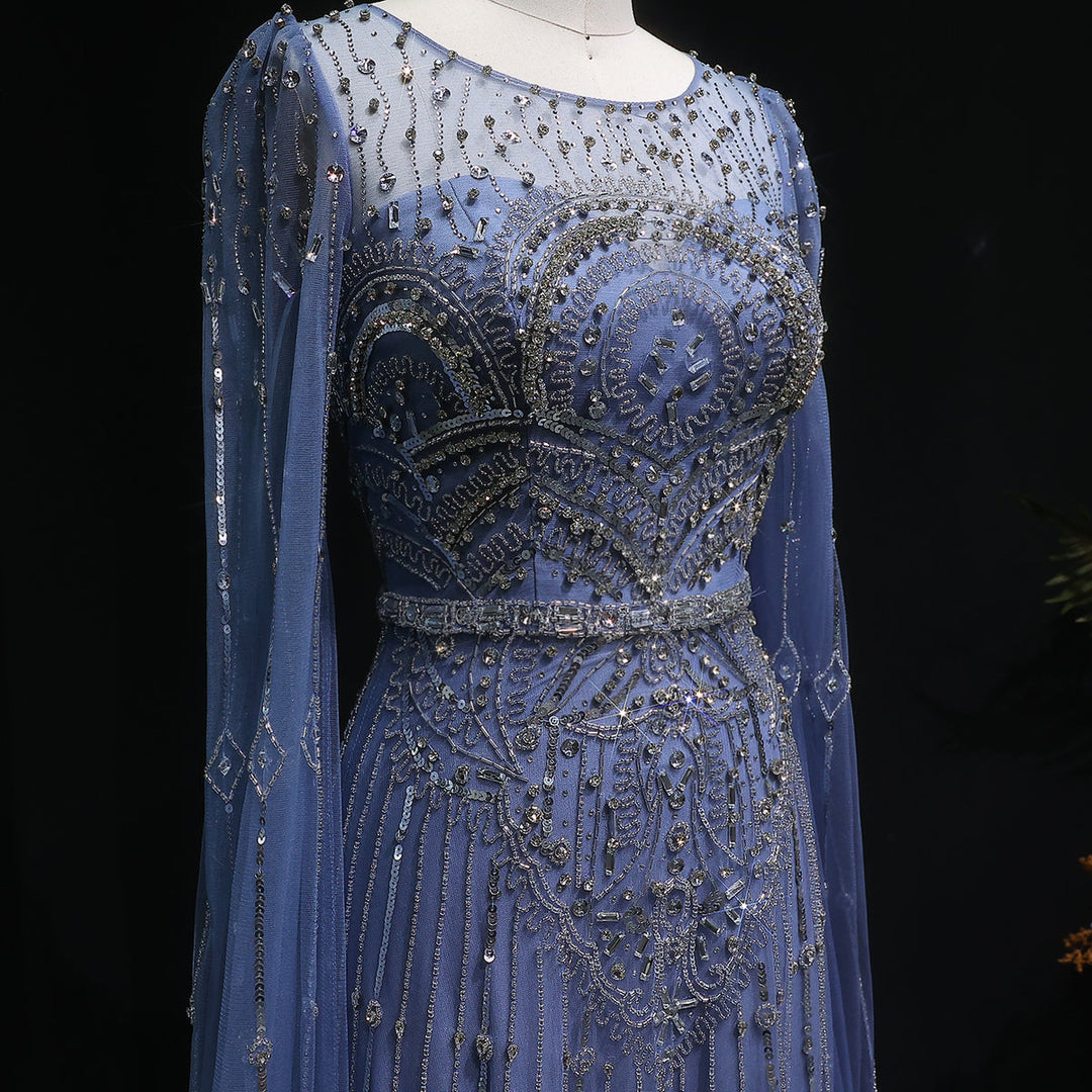 Luxury Sparkling Blue Evening Dress with Beaded Details and Cape Sleeves SS236