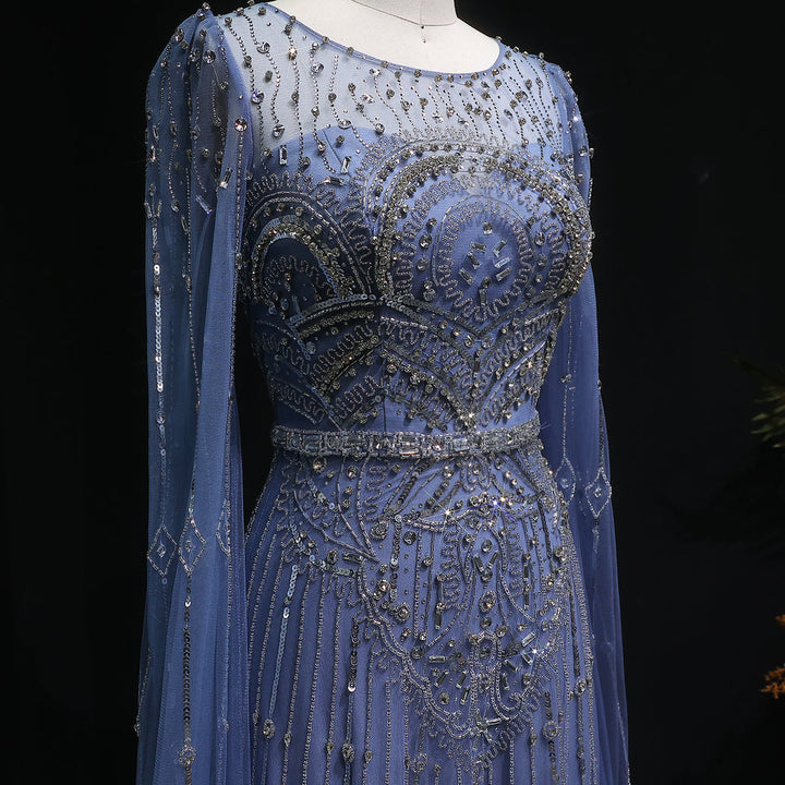 Luxury Sparkling Blue Evening Dress with Beaded Details and Cape Sleeves SS236