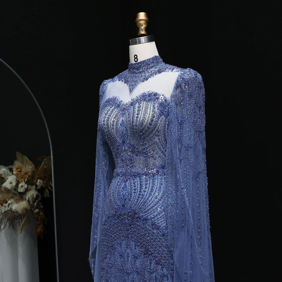 Blue Arabic Style Beaded Evening Dress with High Neck SS079