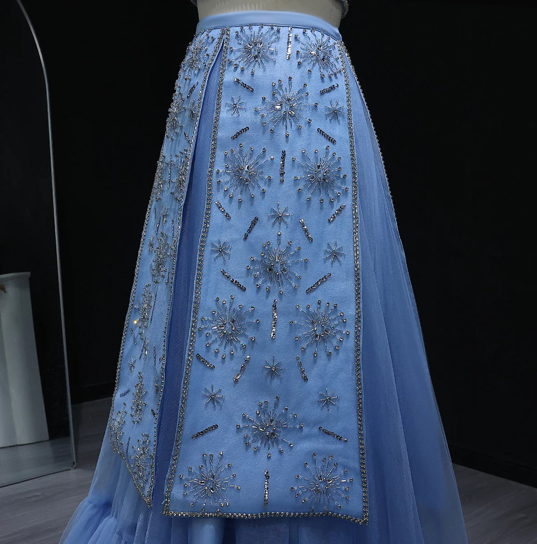 Elegant Blue Two-Piece Beaded Evening Gown with Ruffle Skirt SS597