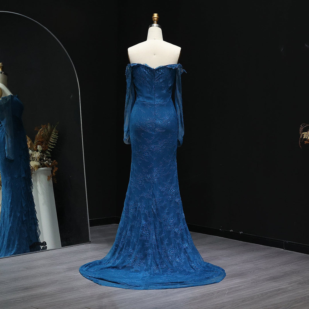Elegant Blue Off Shoulder Lace Evening Dress SD519