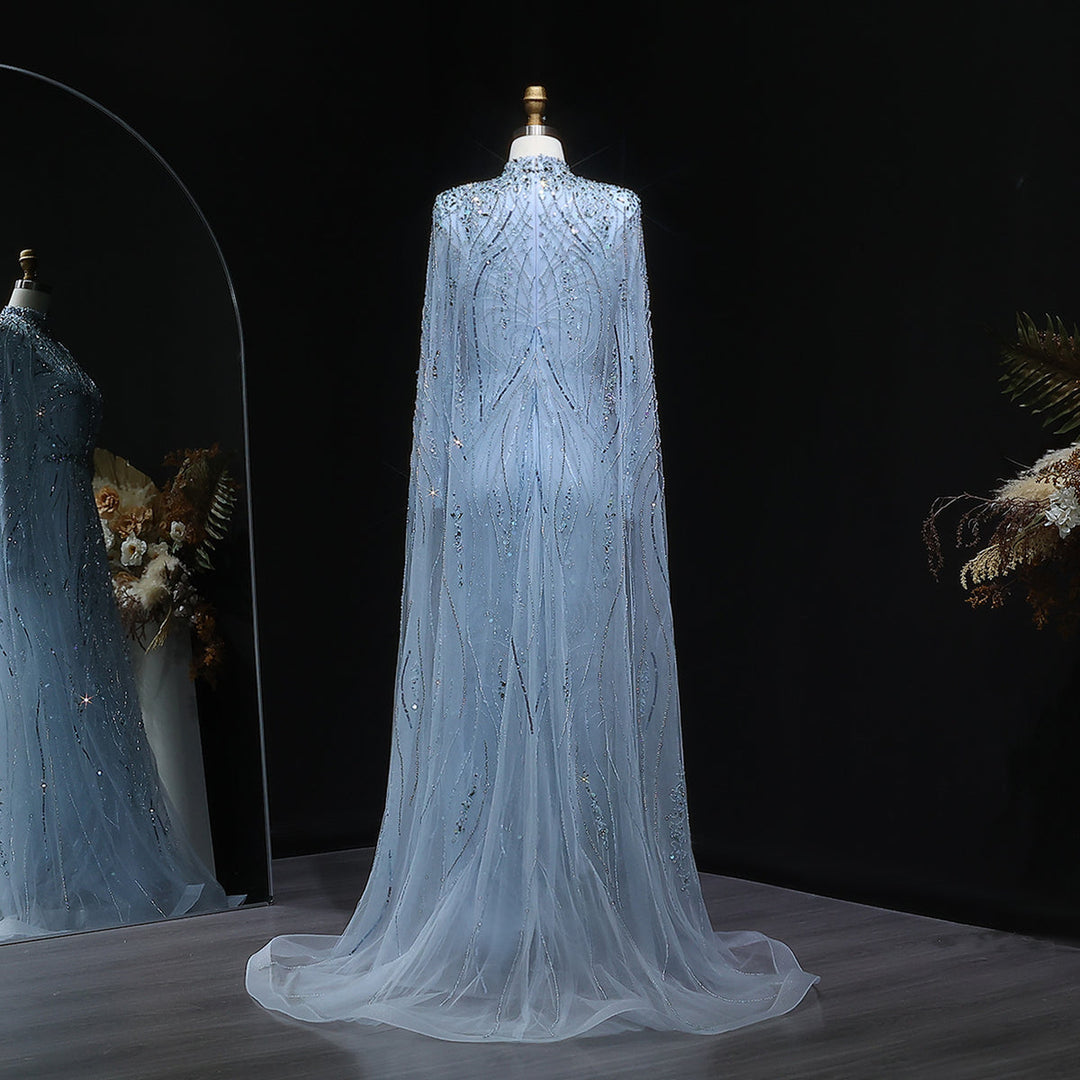 Luxury Champagne Long Sleeve High Neck Evening Dress with Cape SS366