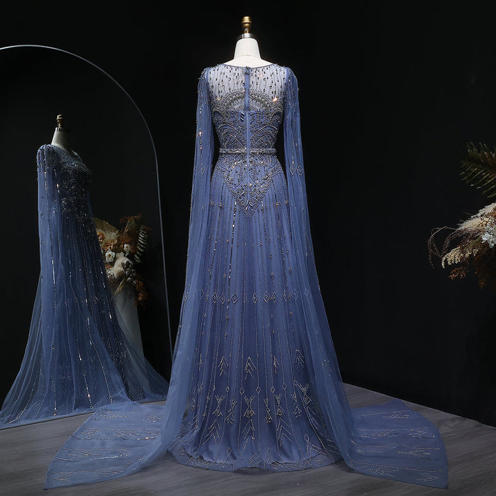 Luxury Sparkling Blue Evening Dress with Beaded Details and Cape Sleeves SS236