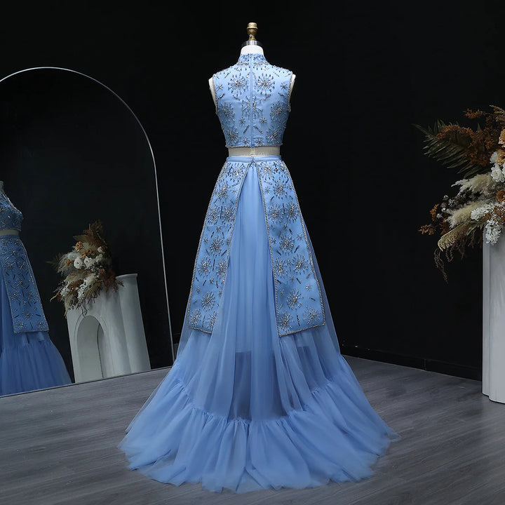 Elegant Blue Two-Piece Beaded Evening Gown with Ruffle Skirt SS597
