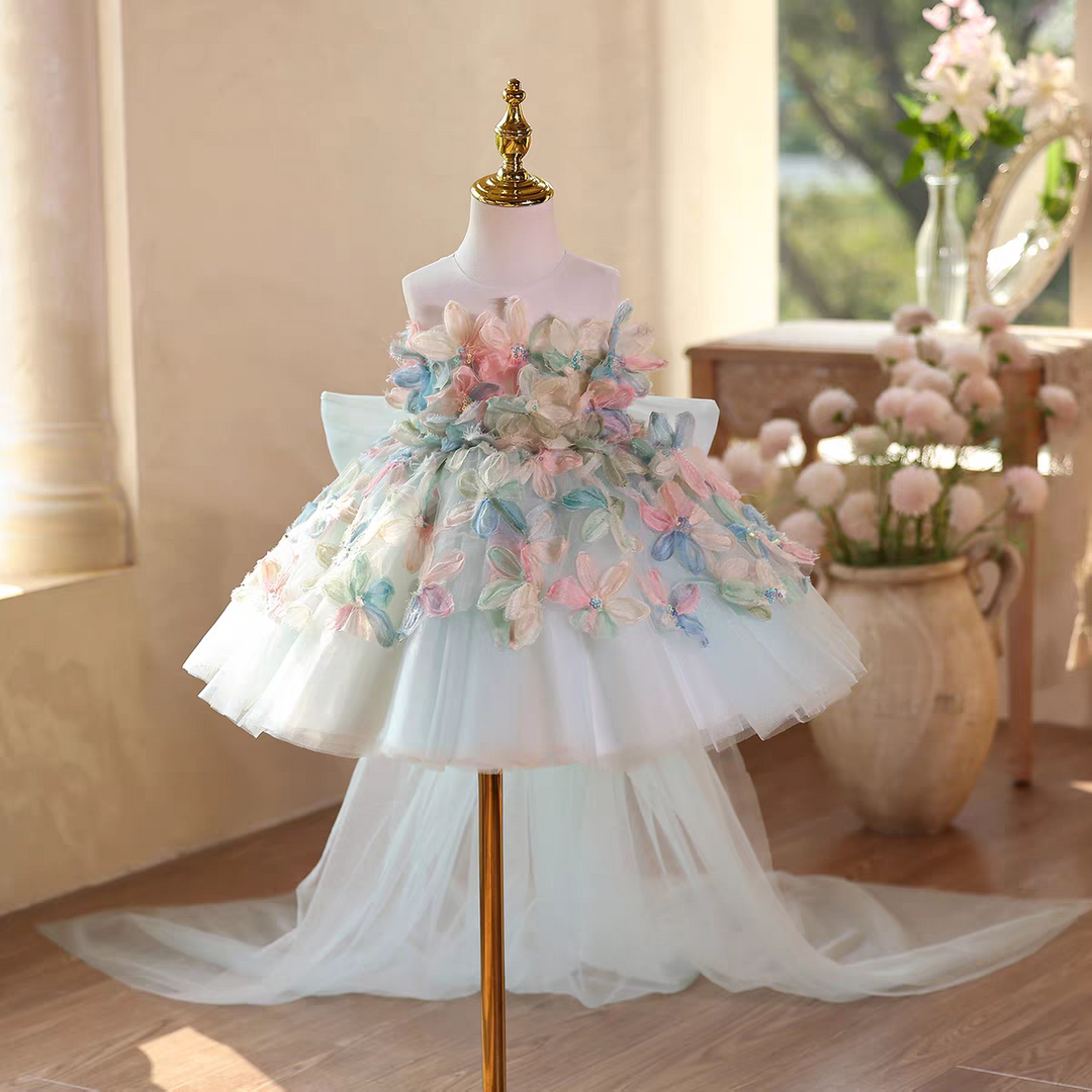 Fairy Flower Girl Dress with 3D Flowers Keen Length D113 Pink / child-12 Fairy Flower Girl Dress with 3D Flowers Keen Length D113 Pink / child-12
