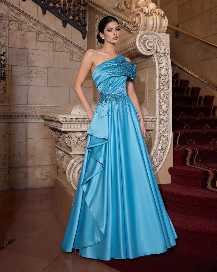 Blue One-Shoulder Beaded Satin A-Line Evening Gown XD043
