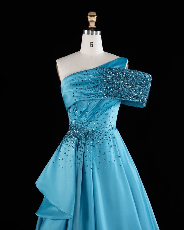 Blue One-Shoulder Beaded Satin A-Line Evening Gown XD043