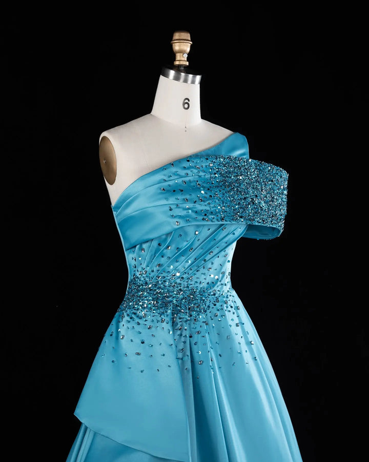 Blue One-Shoulder Beaded Satin A-Line Evening Gown XD043